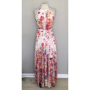 ELIZA J. Pink Floral Maxi Dress Tie Neck Wedding Guest Special Occasion ~ Size 6